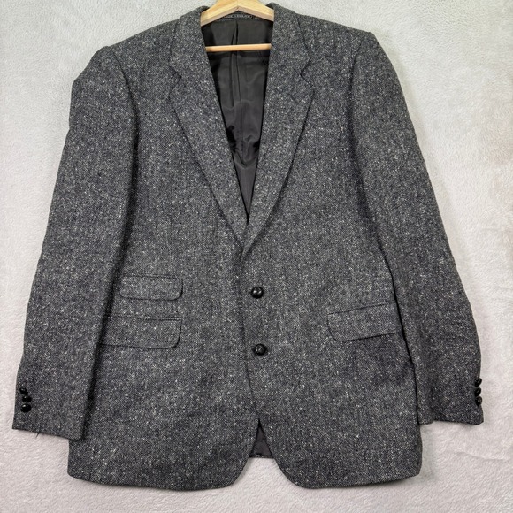 VINTAGE Stafford Mens 44L Gray Herringbone Tweed Wool Blazer Made In England EUC - Picture 1 of 14